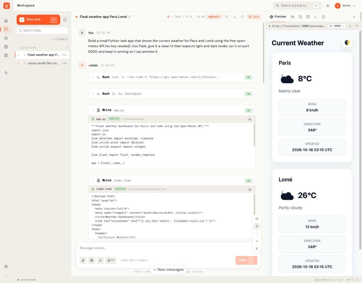 vonzio workspace: the agent's tool calls on the left, the Flask weather app it just built running in the Preview pane on the right