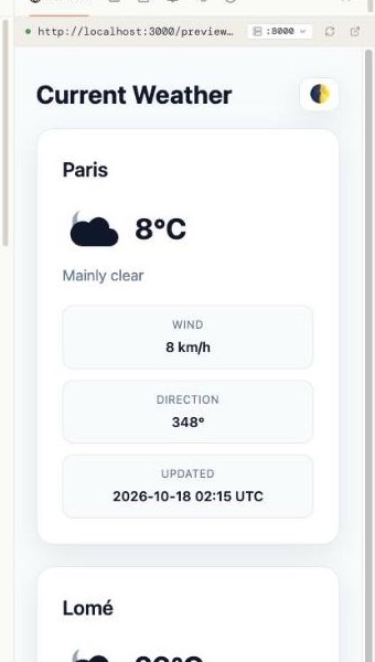 The Preview pane showing the weather app the agent built, served from inside its container on port 8000